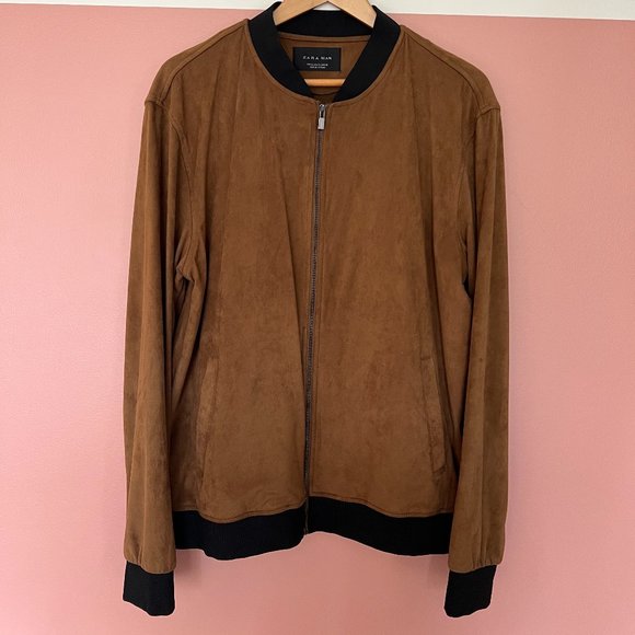 Zara Men's Bomber Jacket. Suede. Tan with Black Detailing. Large. - Picture 1 of 5